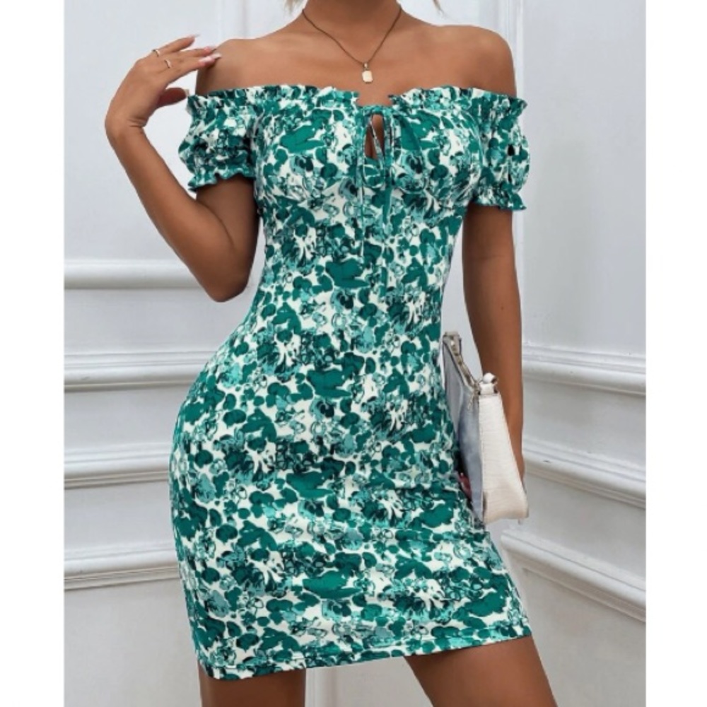 Boho green Floral Print Off Shoulder Bodycon Dress - Picture 3 of 16